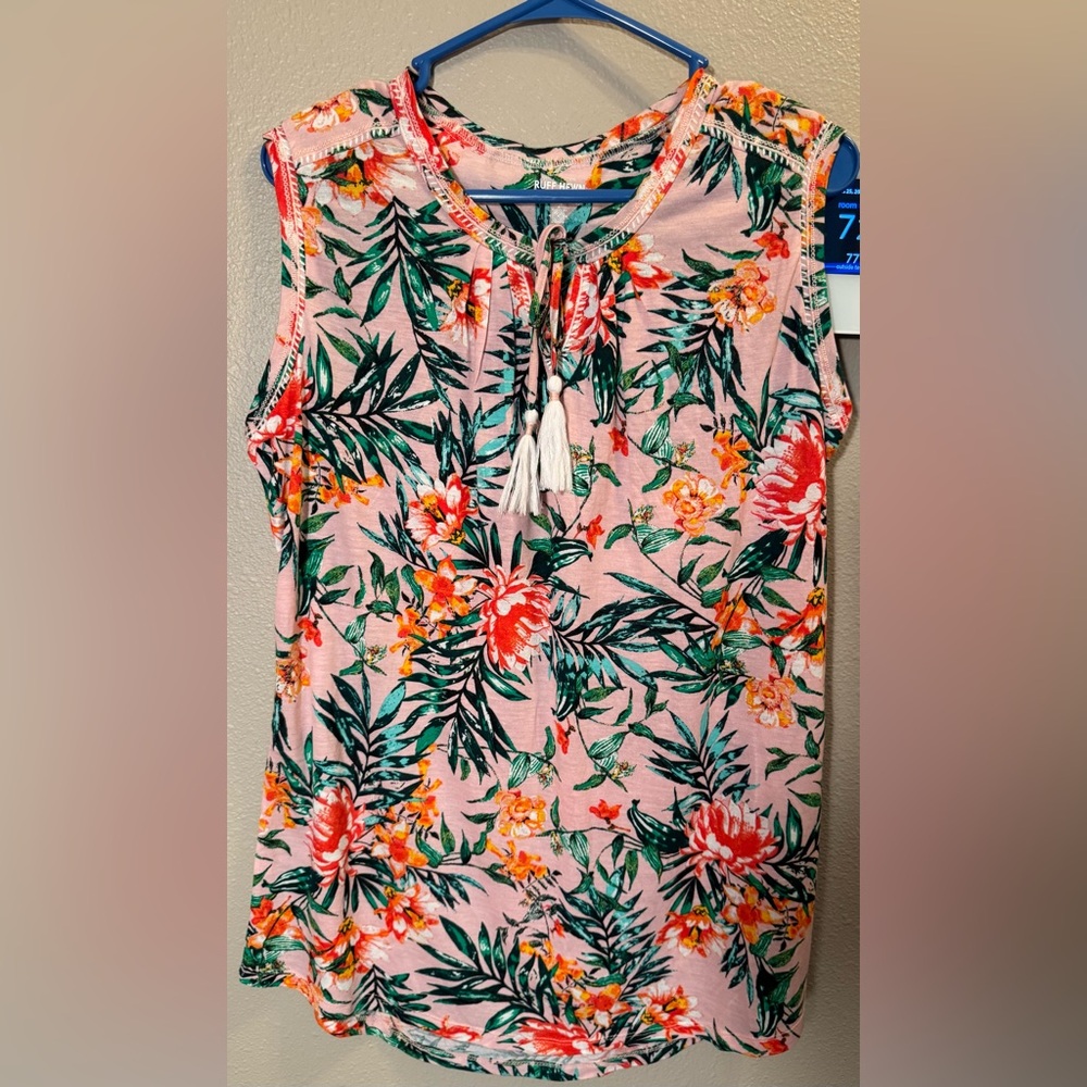 Ruff Hewn Pink Floral Sleeveless Tassel Tie Top